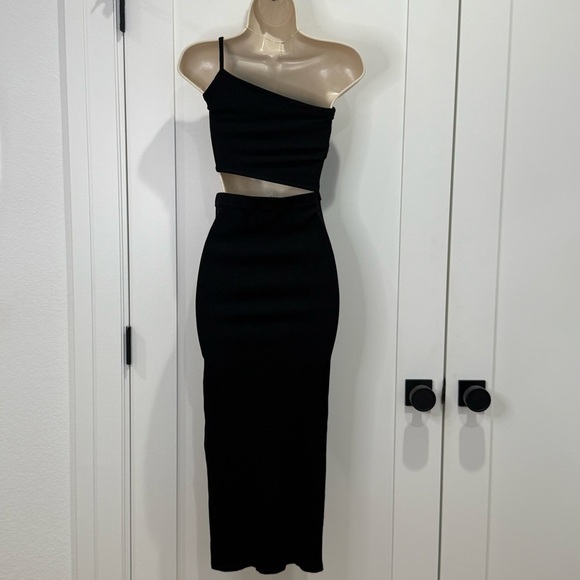 Amable By Mable Midi Dress Cutout One Shoulder Ribbed Black Small Cocktail Party - Picture 3 of 8